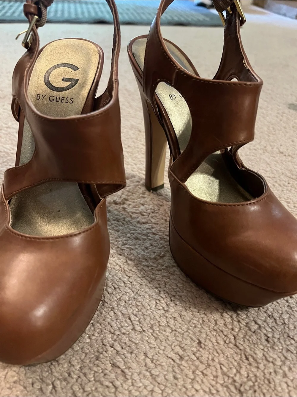 G by Guess Brown Platform Slingback Heels with Gold Insole